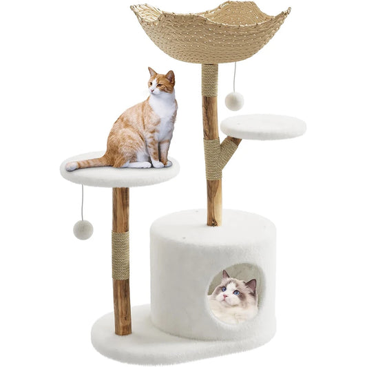 HiMISSCN Real Wood Cat Tree Tower With Wicker Condo