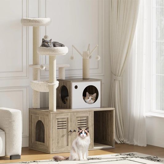 HiMISSCN Modern Wooden Cat Tree With Hidden Litter Box